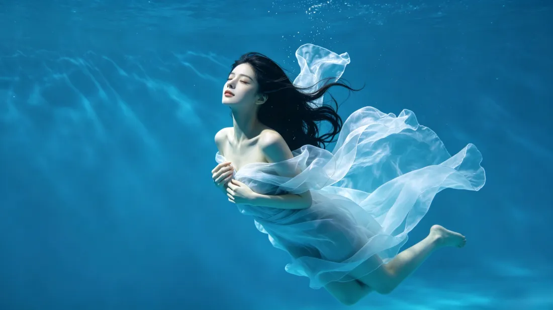 3k水下美女壁纸｜飘逸白纱背景图片 - 氛围感人像写真「哲风壁纸」