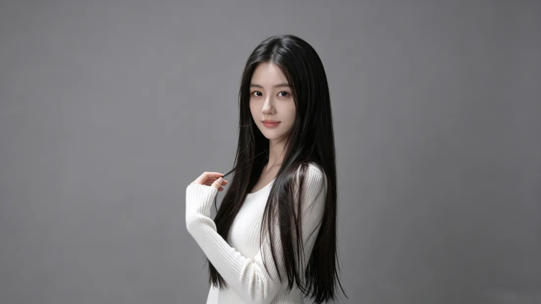3k黑长直气质美女壁纸｜灰色纯色背景图片 - 温柔氛围感写真「哲风壁纸」
