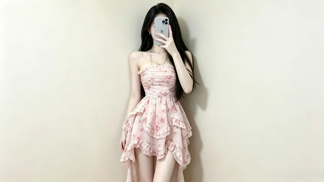 3k粉裙美女壁纸｜浅色纯色背景图片 - 少女对镜自拍「哲风壁纸」