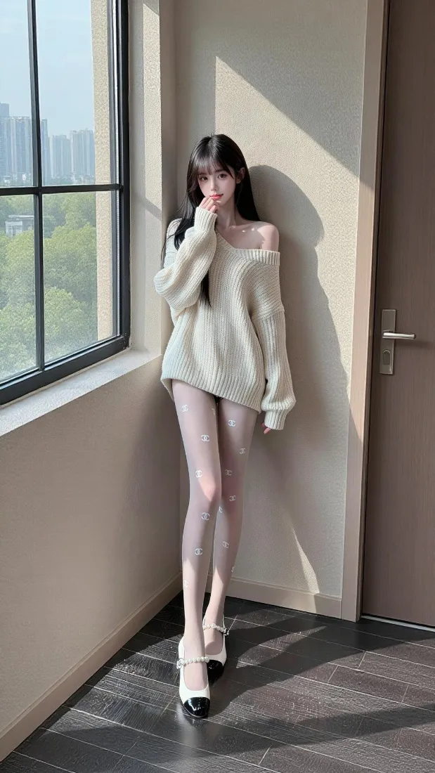露肩毛衣美女手机壁纸｜窗边光影背景图片 - 时尚穿搭「哲风壁纸」