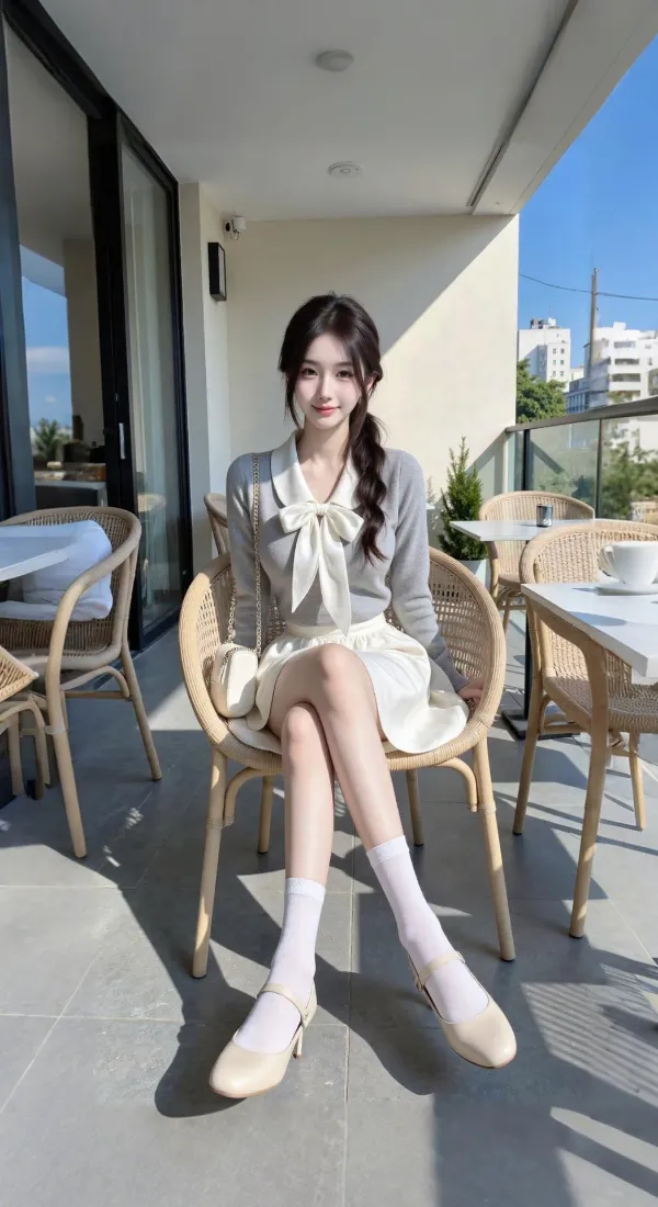 清纯麻花辫少女手机壁纸｜露台休闲背景图片 - 甜美温柔穿搭「哲风壁纸」