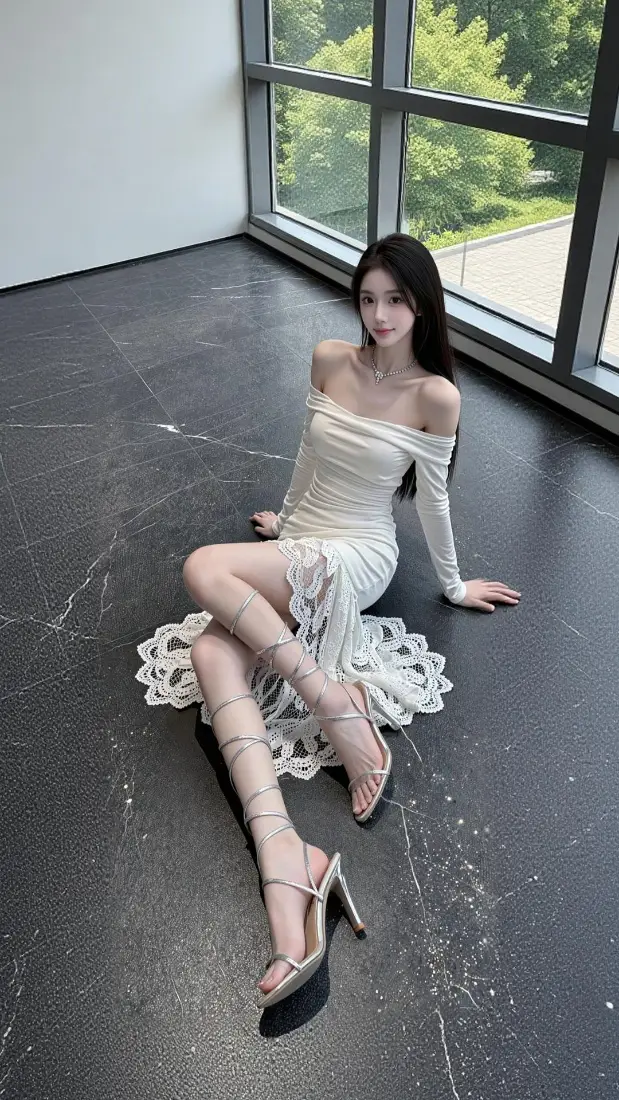 清冷美女手机壁纸｜落地窗室内背景图片 - 白色露肩裙穿搭「哲风壁纸」