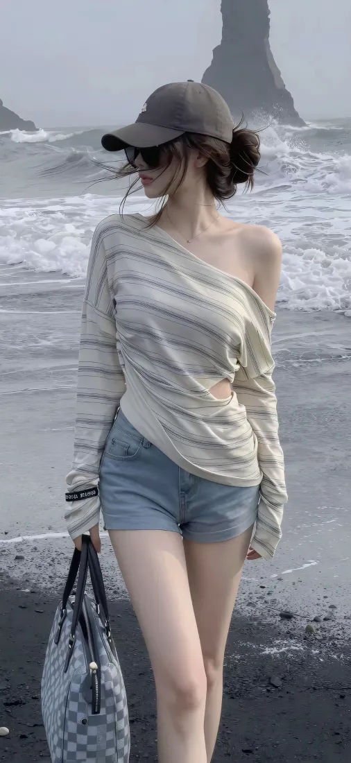 海边美女手机壁纸｜露肩休闲穿搭背景图片 - 黑沙滩海岸「哲风壁纸」