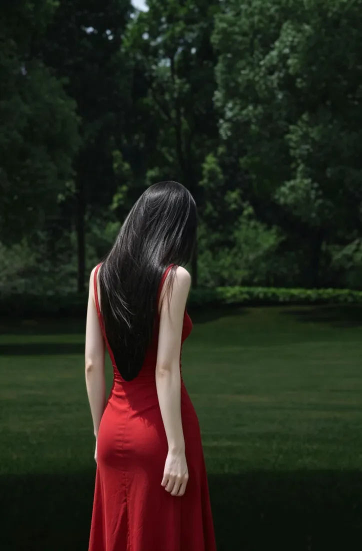 红裙美女手机壁纸｜户外草坪背景图片 - 氛围感长发背影「哲风壁纸」