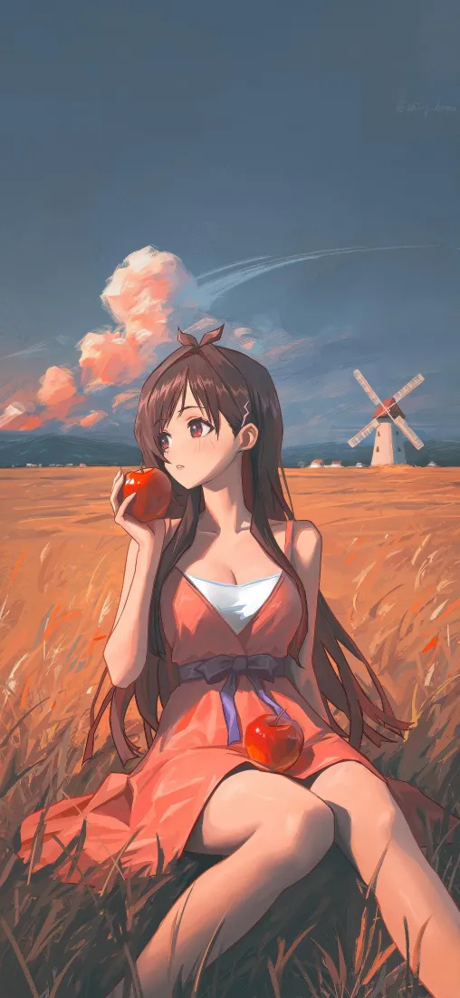 动漫少女手机壁纸｜麦田风车背景图片 - 治愈风二次元插画「哲风壁纸」