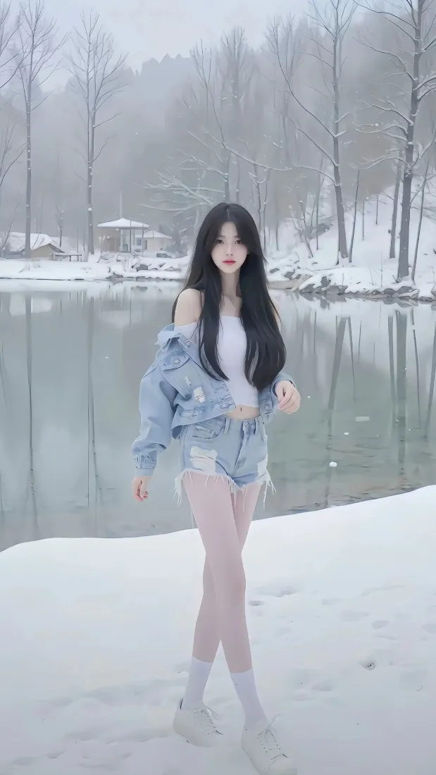 雪地长发美女手机壁纸｜冬日湖边背景图片 - 清冷氛围感写真「哲风壁纸」