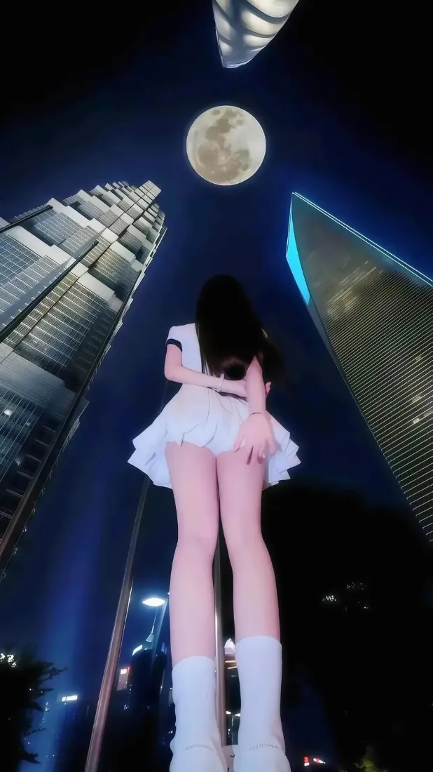 白衣美女手机壁纸｜城市高楼夜景背景图片 - 清冷圆月氛围「哲风壁纸」