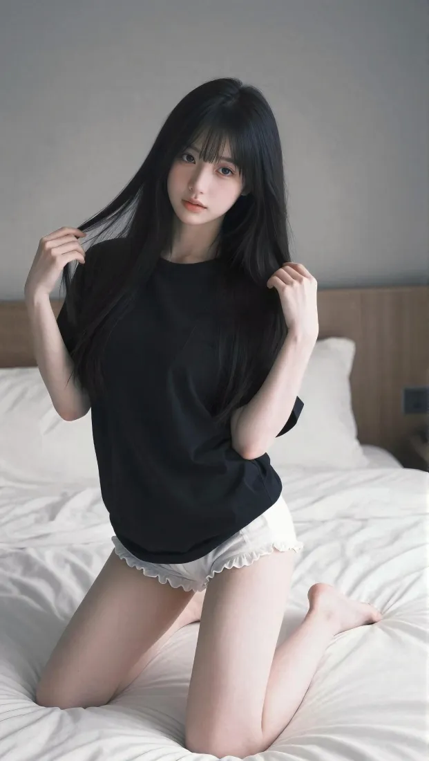 清纯黑长直美女手机壁纸｜居家卧室床背景图片 - 休闲穿搭「哲风壁纸」