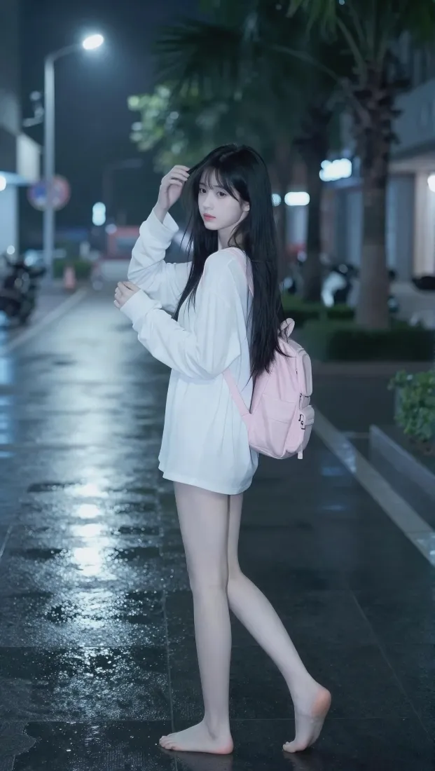 白衣美女手机壁纸｜雨夜街头背景图片 - 赤脚氛围感写真「哲风壁纸」