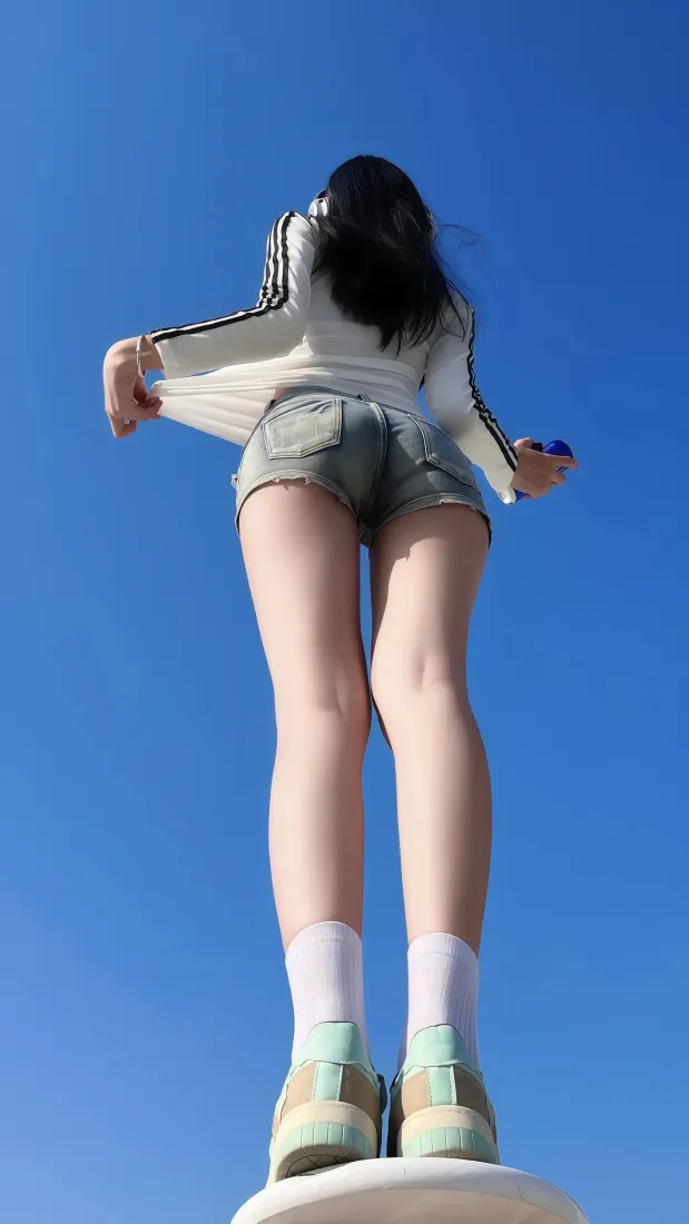 美女手机壁纸｜蓝天背景图片 - 运动风户外穿搭背影「哲风壁纸」