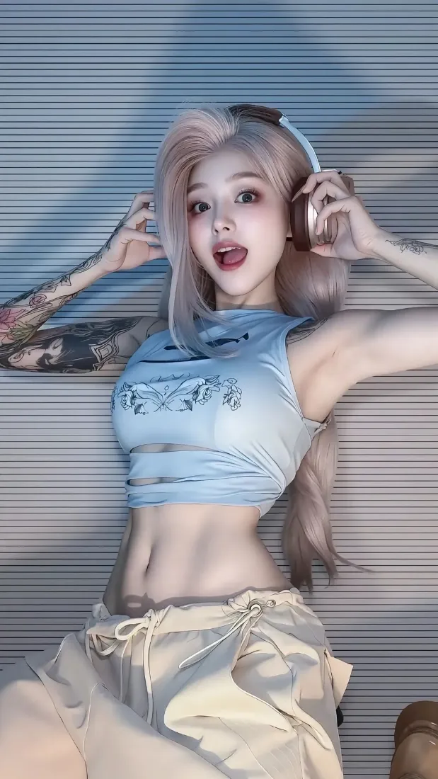 金发美女手机壁纸｜蓝色露脐装背景图片 - 戴耳机时尚辣妹「哲风壁纸」