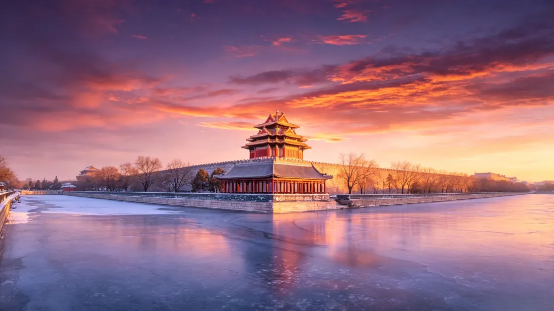 3k北京故宫角楼壁纸｜冬日黄昏雪景背景图片 - 冰面倒影风光「哲风壁纸」