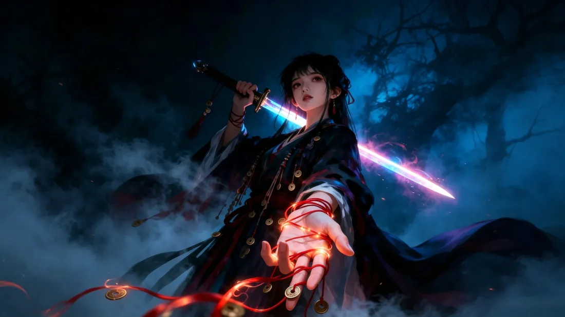 3k持剑古风少女壁纸｜暗夜蓝雾背景图片 - 炫酷发光法术「哲风壁纸」