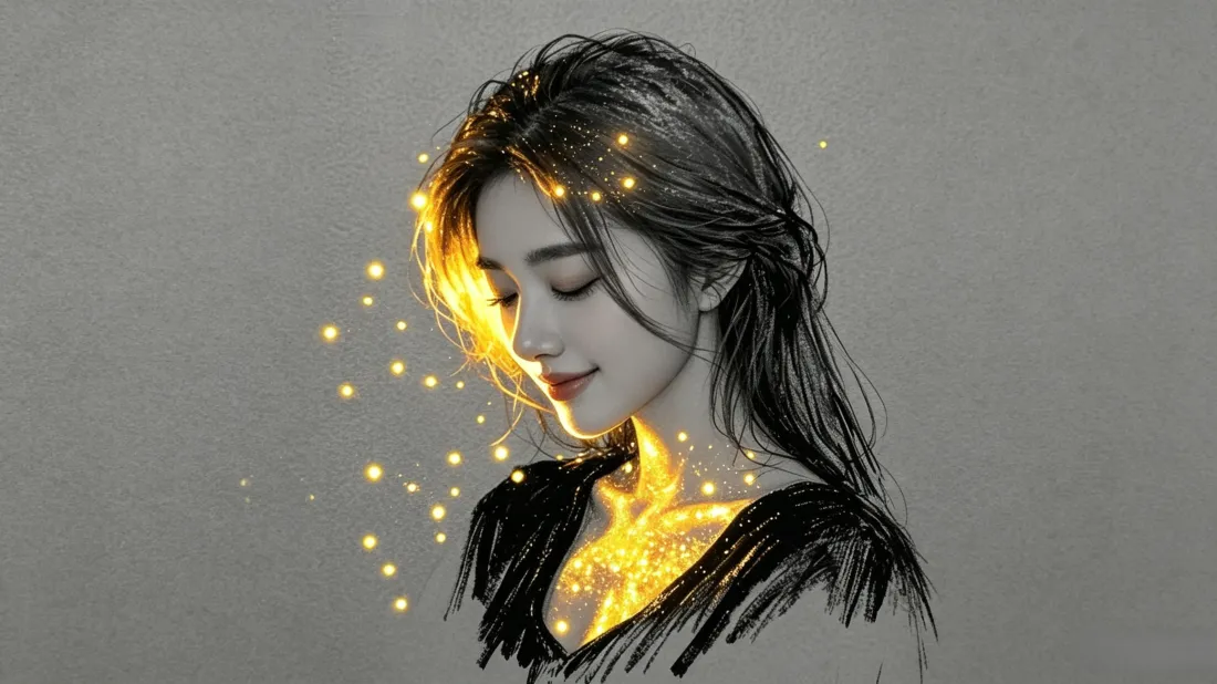 3k发光少女壁纸｜手绘氛围感背景图片 - 温柔侧脸金色光点「哲风壁纸」