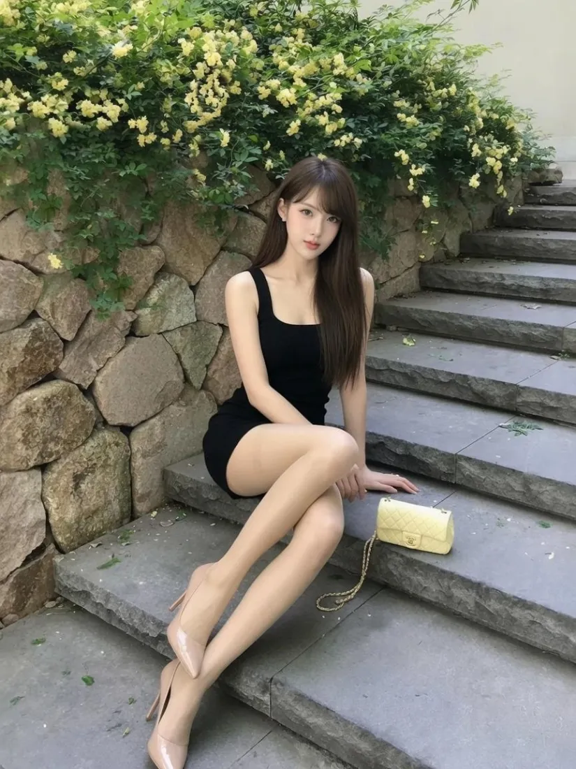 黑色连衣裙长发美女手机壁纸｜石阶绿植背景图片 - 时尚穿搭「哲风壁纸」