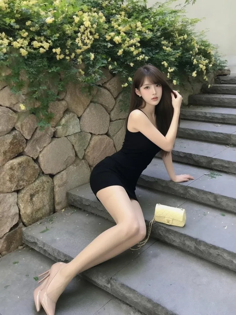 美女手机壁纸｜石阶绿植背景图片 - 黑色吊带裙穿搭「哲风壁纸」