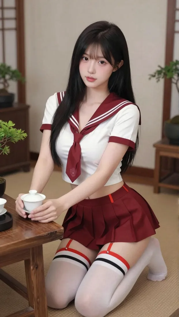 JK美女手机壁纸｜日式茶室背景图片 - 水手服清纯写真「哲风壁纸」