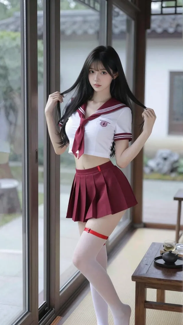 JK制服美女手机壁纸｜室内穿搭背景图片 - 高颜值写真「哲风壁纸」