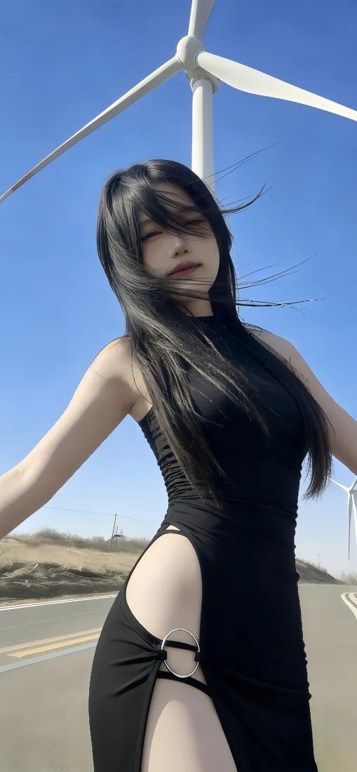 黑裙长发美女手机壁纸｜公路蓝天背景图片 - 户外时尚写真「哲风壁纸」