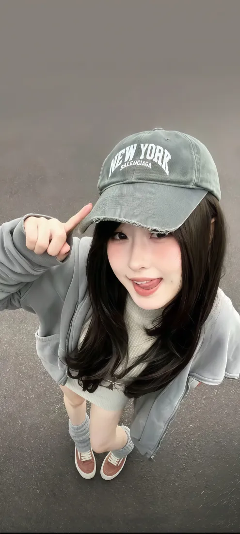 美女噗噗手机壁纸｜休闲穿搭背景图片 - 甜美俏皮少女「哲风壁纸」