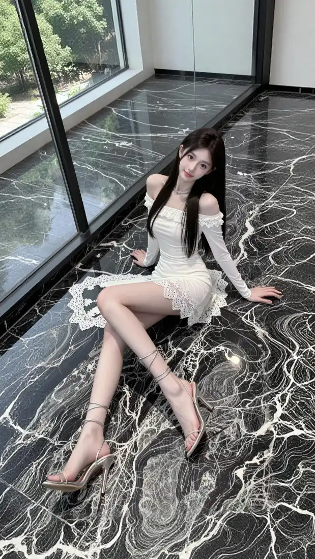 长发气质美女手机壁纸｜落地窗室内背景图片 - 白裙好看穿搭「哲风壁纸」