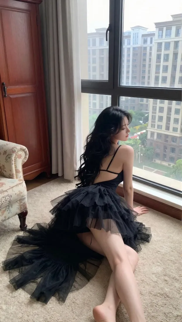 黑裙美女手机壁纸｜居家窗边背景图片 - 氛围感好看写真「哲风壁纸」
