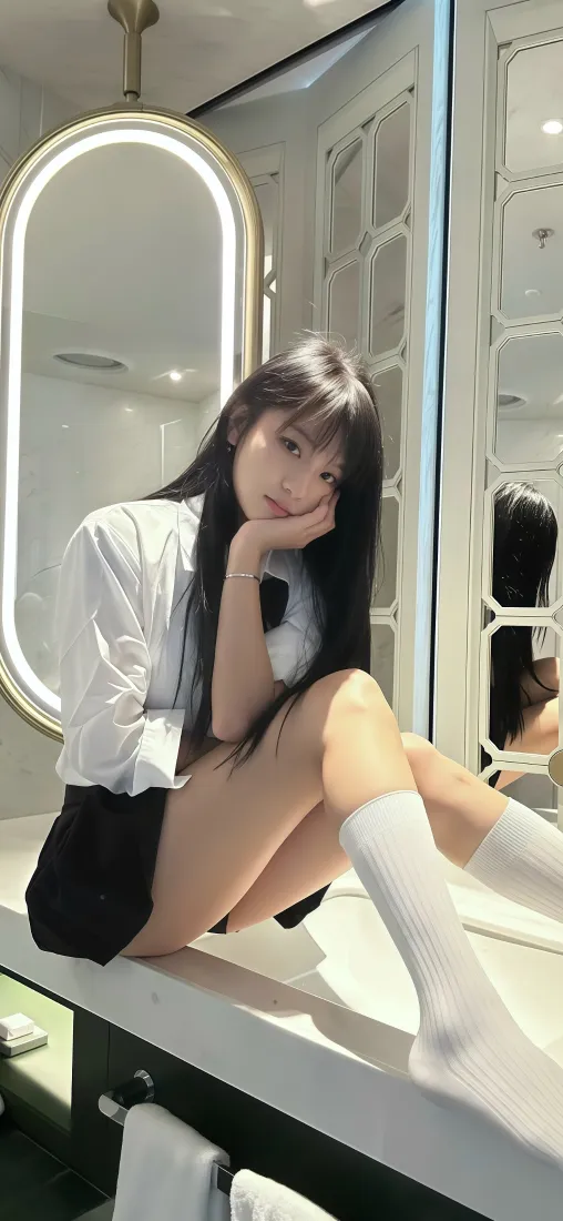 白衬衫少女手机壁纸｜室内化妆镜背景图片 - 甜酷美女穿搭「哲风壁纸」