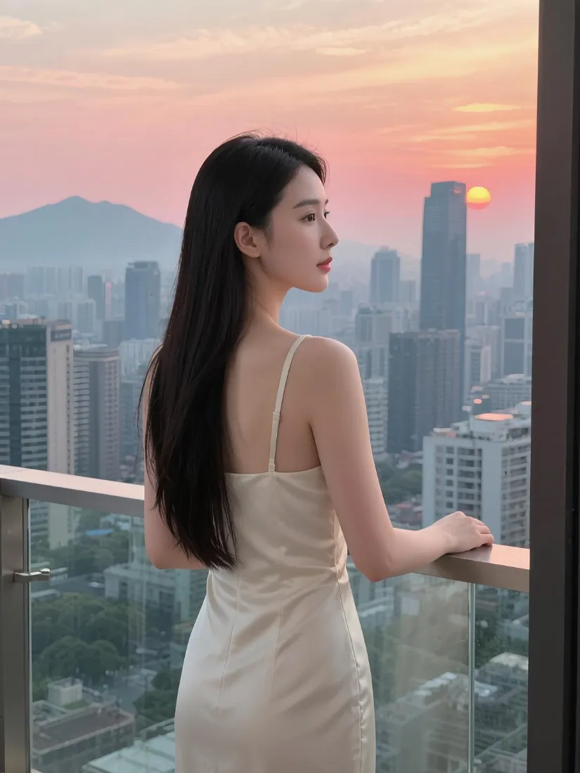 气质长发美女手机壁纸｜城市黄昏露台背景图片 - 氛围感写真「哲风壁纸」