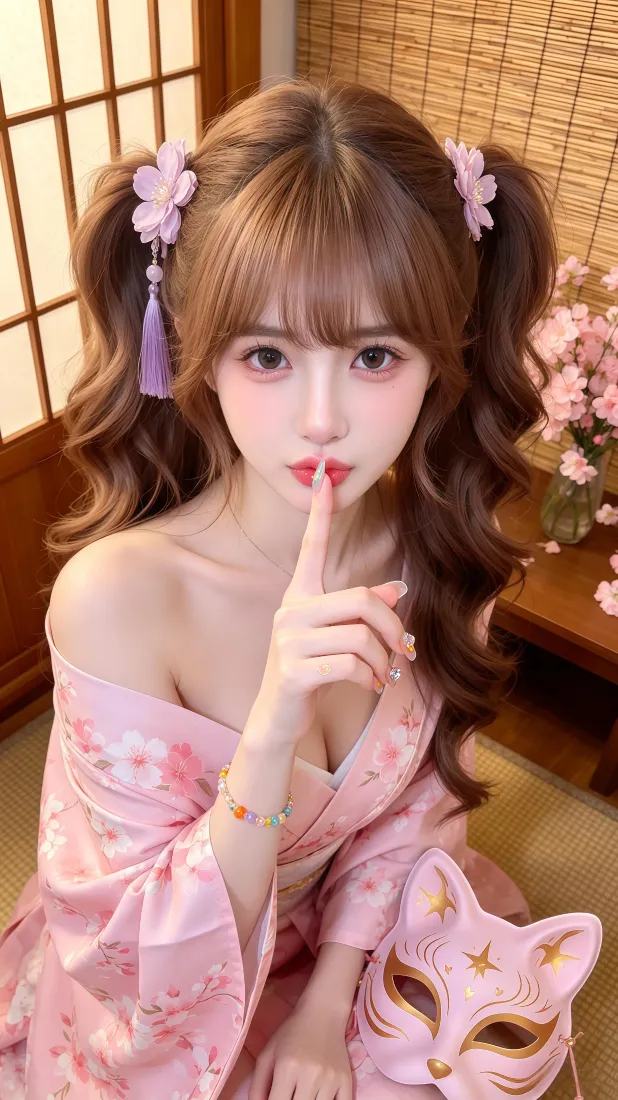 甜美双马尾少女手机壁纸｜粉色和服背景图片 - 日系可爱写真「哲风壁纸」