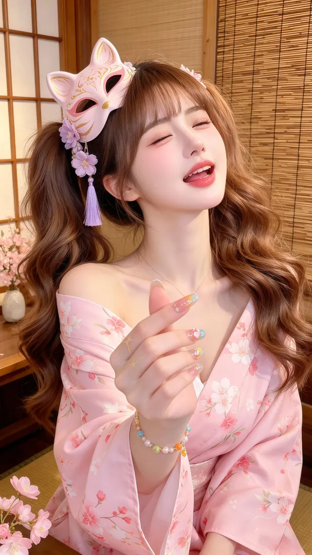 甜美少女手机壁纸｜日式和风背景图片 - 粉色狐狸面具「哲风壁纸」