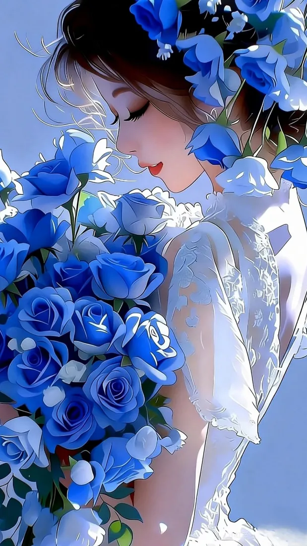 捧蓝玫瑰少女手机壁纸｜蓝色花束背景图片 - 清新氛围感「哲风壁纸」