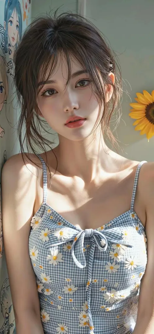高颜值少女手机壁纸｜阳光居家背景图片 - 小雏菊吊带穿搭「哲风壁纸」