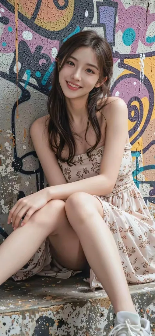 甜美少女手机壁纸｜彩色涂鸦墙背景图片 - 碎花吊带裙穿搭「哲风壁纸」