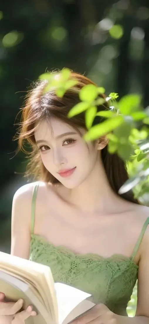 森系美女手机壁纸｜户外绿植背景图片 - 清新看书少女「哲风壁纸」