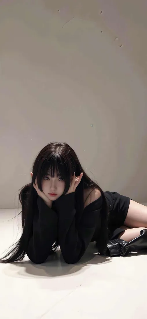 黑长直美女手机壁纸｜浅灰纯色背景图片 - 氛围感人像「哲风壁纸」