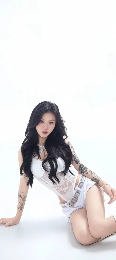 纹身美女手机壁纸｜纯白背景图片 - 个性时尚人像「哲风壁纸」