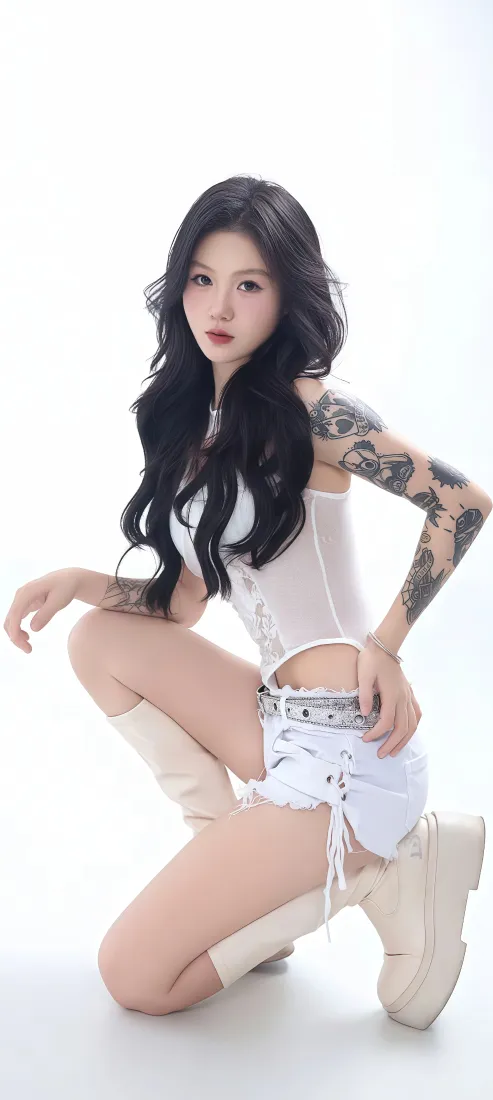 纹身美女手机壁纸｜纯白背景图片 - 酷飒时尚性感人像写真「哲风壁纸」