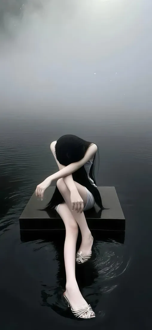黑裙美女手机壁纸｜水面灰调背景图片 - 清冷氛围感人像「哲风壁纸」
