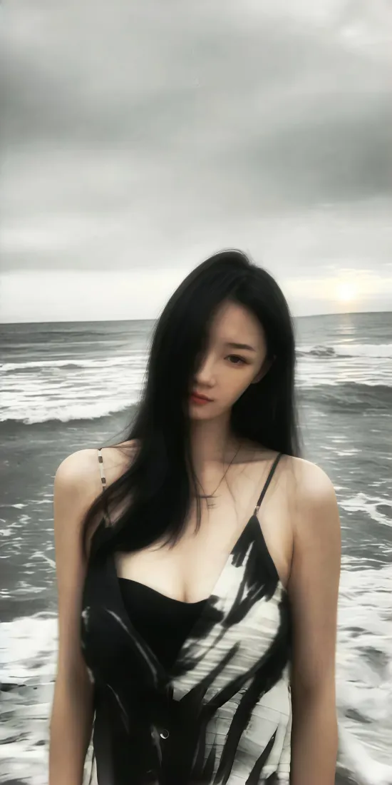 海边美女手机壁纸｜阴天海浪背景图片 - 黑白吊带穿搭「哲风壁纸」