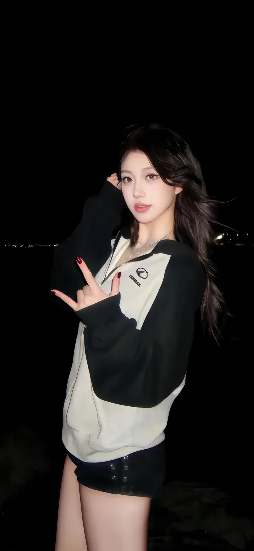 长发美女手机壁纸｜拼色卫衣穿搭背景图片 - 氛围感夜拍人像「哲风壁纸」