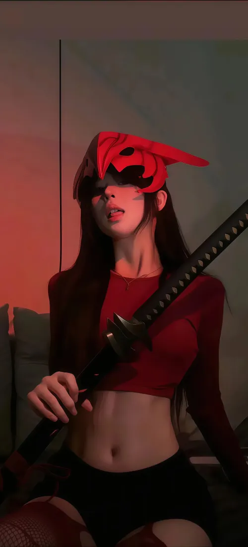 红衣酷飒美女手机壁纸｜武士刀氛围感背景图片 - 个性写真「哲风壁纸」