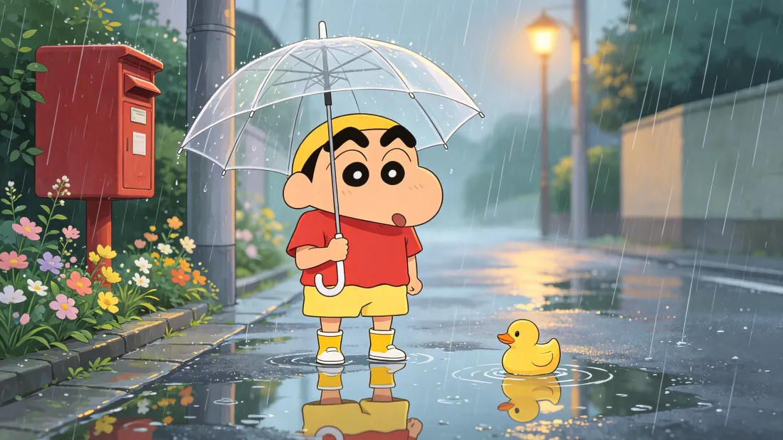 3k蜡笔小新壁纸｜雨天街道背景图片 - 撑伞小黄鸭治愈画面「哲风壁纸」