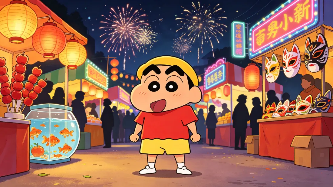 3k蜡笔小新壁纸｜夏日庙会夜市背景图片 - 喜庆烟火「哲风壁纸」