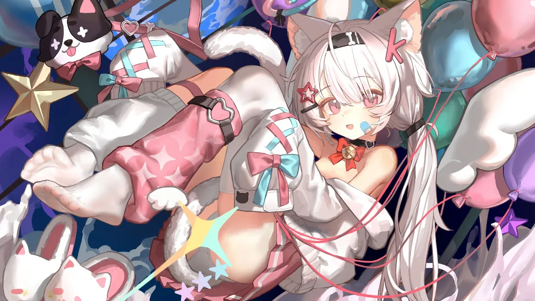 2k白发猫耳少女壁纸｜气球装饰背景图片 - 二次元可爱插画「哲风壁纸」