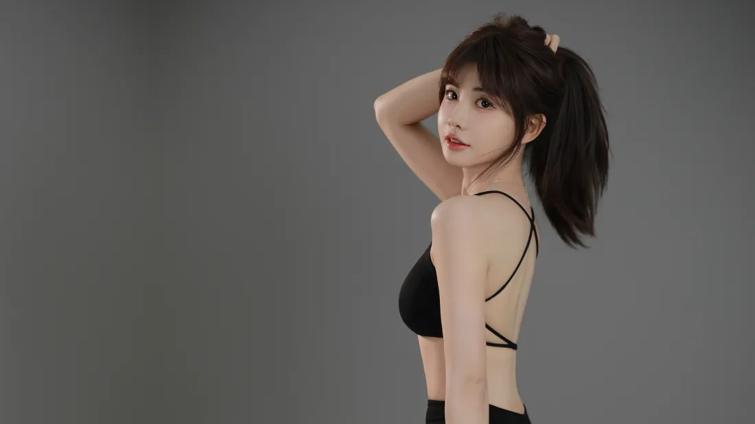 4k高马尾少女壁纸｜灰色背景图片 - 露背时尚写真「哲风壁纸」