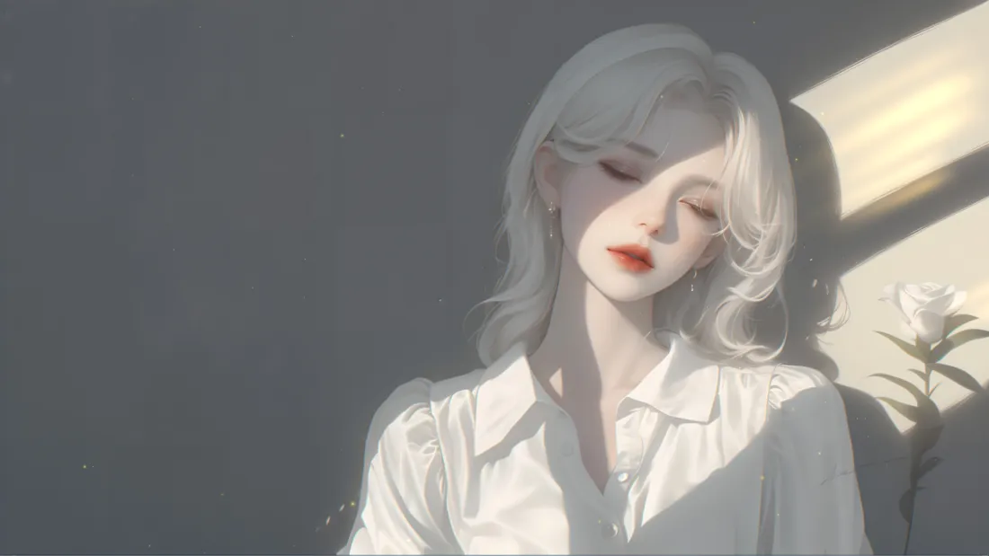 4k银发美女壁纸｜白衬衫光影背景图片 - 清冷艺术插画「哲风壁纸」