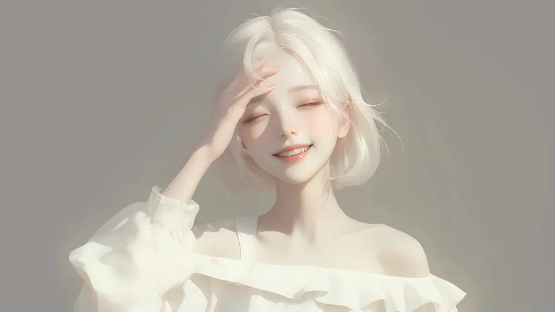 4k白发甜美二次元少女壁纸｜浅灰背景图片 - 温柔治愈「哲风壁纸」