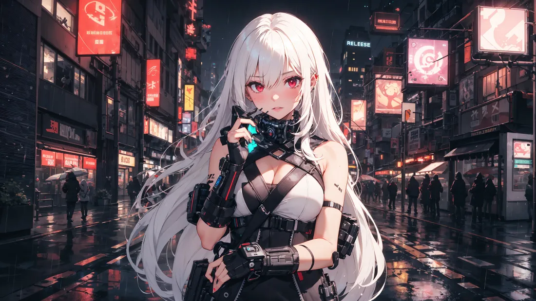 4k白发红瞳少女壁纸｜赛博霓虹雨夜街景背景图片 - 二次元「哲风壁纸」