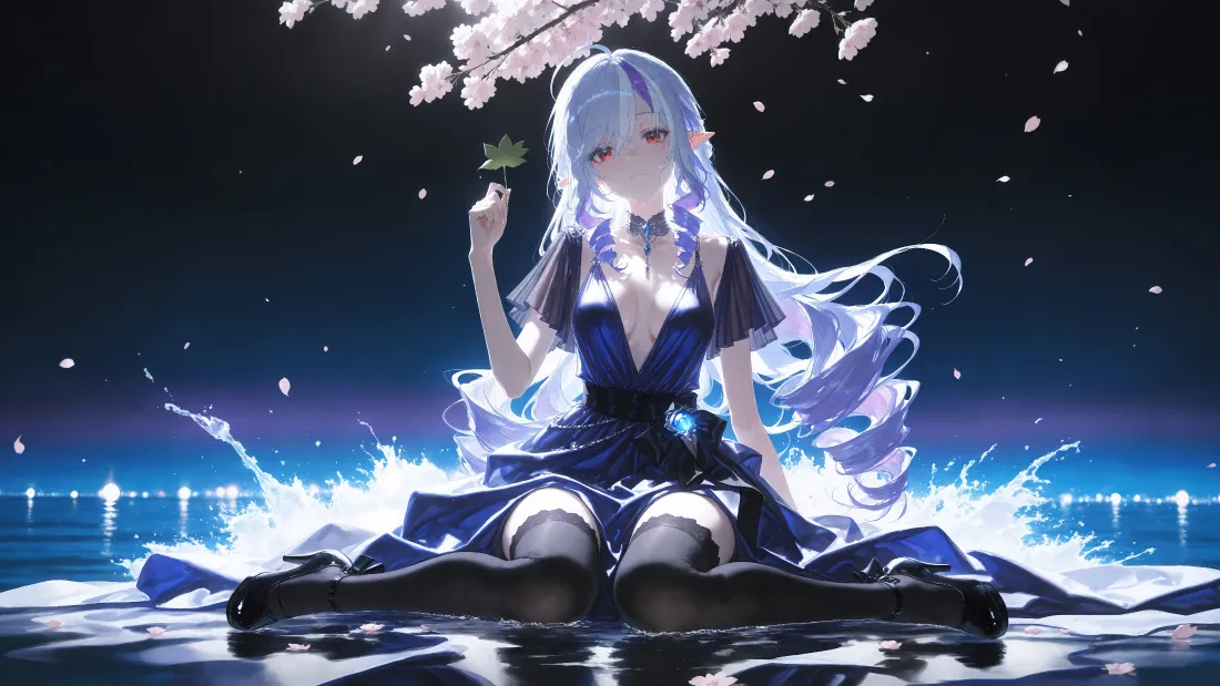 4k蓝发精灵少女壁纸｜水面樱花夜景背景图片 - 二次元美女「哲风壁纸」
