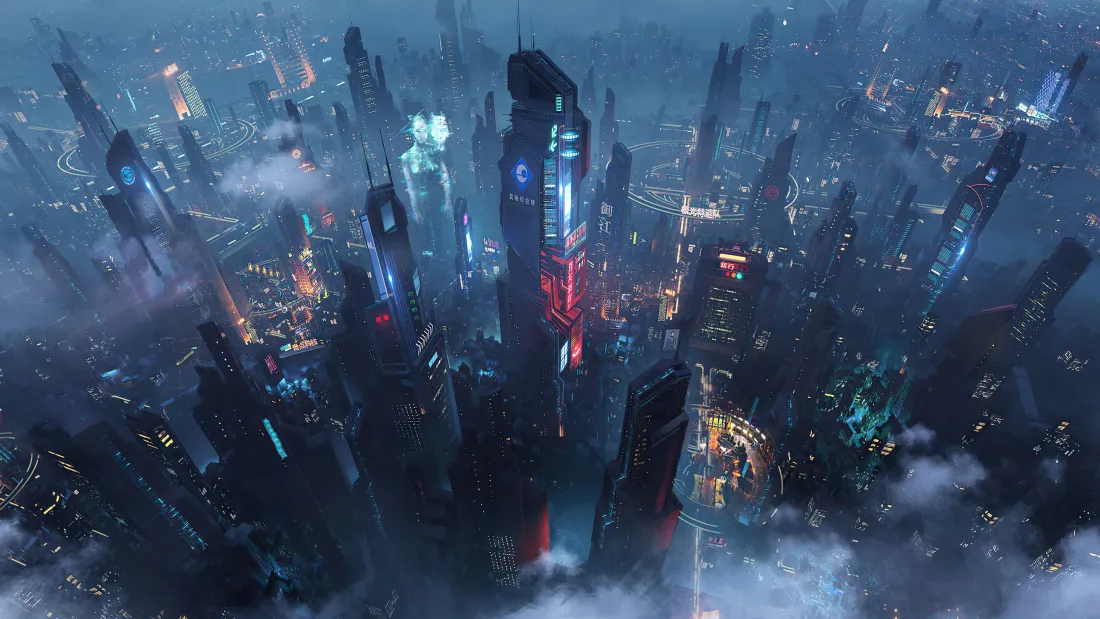 4k赛博朋克未来城市壁纸｜霓虹灯光云雾背景图片 - 科幻夜景「哲风壁纸」